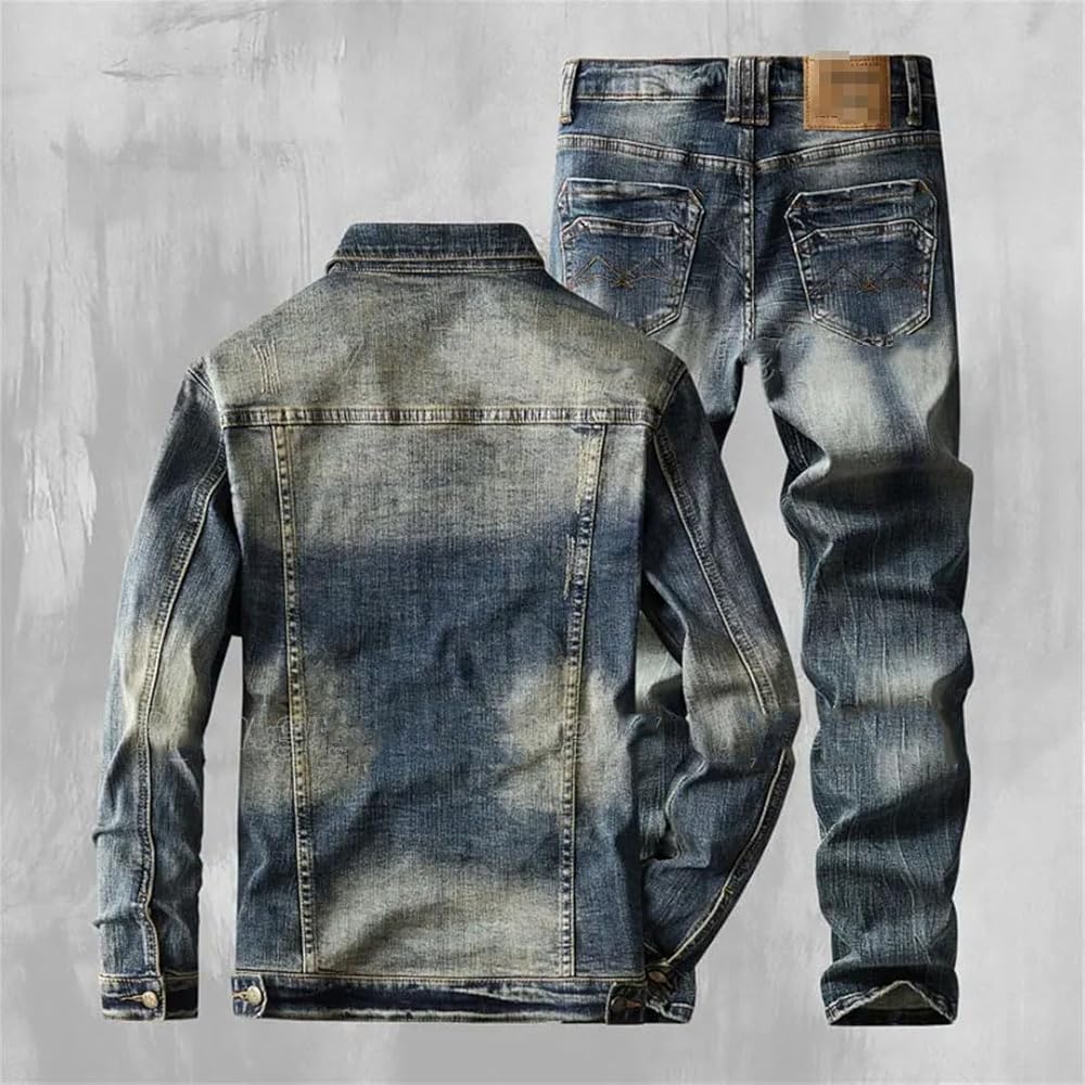Men's Classic Jeans Suit Retro Blue Denim Jacket and Pants 2-Piece
